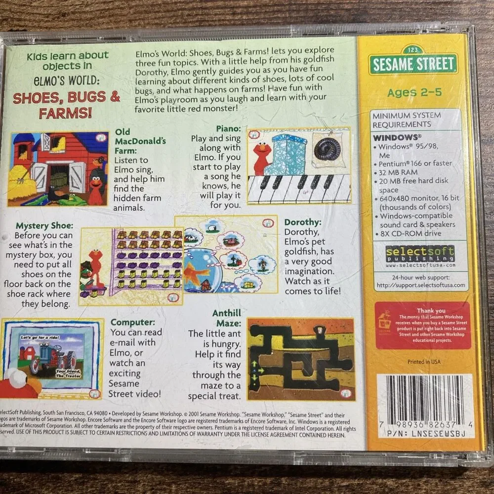 Sesame Street Elmo's Shoes Bugs & Farms CD-ROM PC Windows Mac Educational Game